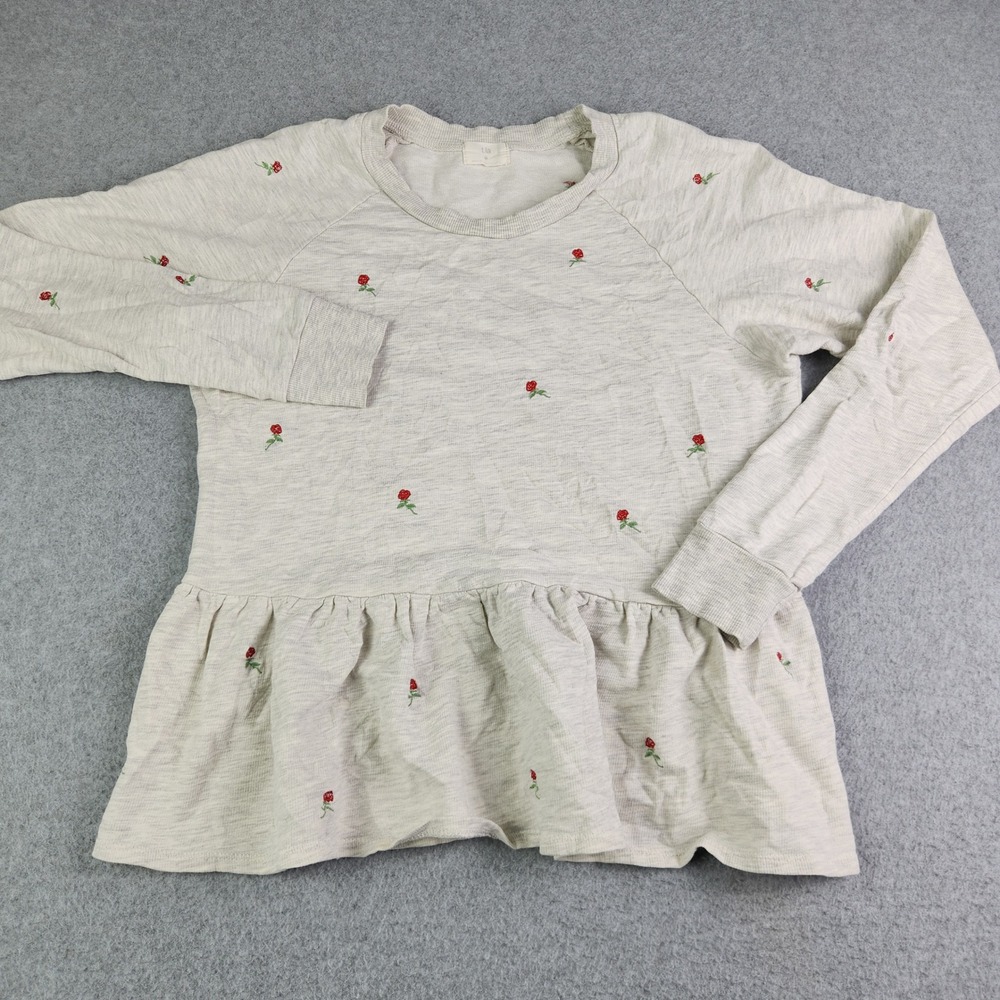 T.La Anthropologie Sweatshirt Womens Medium Oatmeal Rose Embroidered Peplum Hem